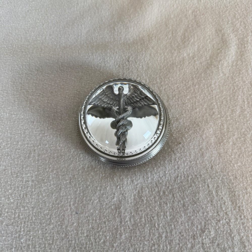 Meadow Mountain Designs Pewter Caduceus Glass Paperweight Charlie Hall 1986